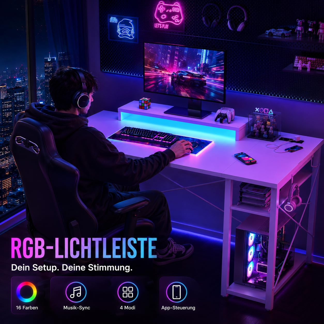 iSunirm Gaming Tisch 100x50cm Weiß mit LED & 2 Steckdosen + 2 USB, Computertisch mit Monitorständer, Wendbarer Kleiner Tisch für Homeoffice & Gaming Room Gaming Schreibtisch