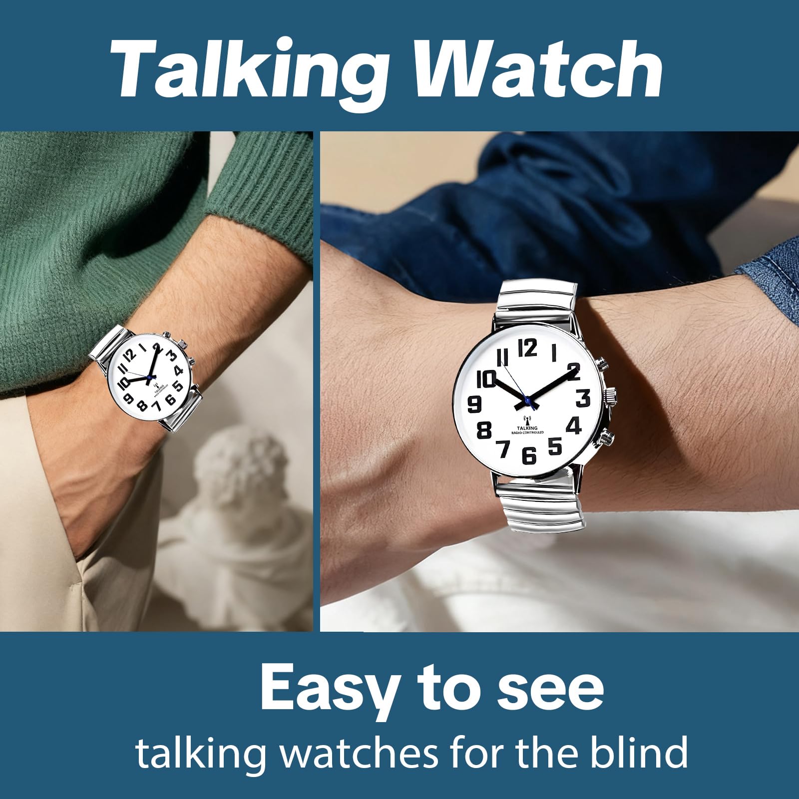 Reloj de calidad claro y fuerte voz ultra delgado atómico hablando inglés habla la hora, fecha o hora de alarma para ancianos, vista perjudicada o ciegos. Cara blanca números negros 113