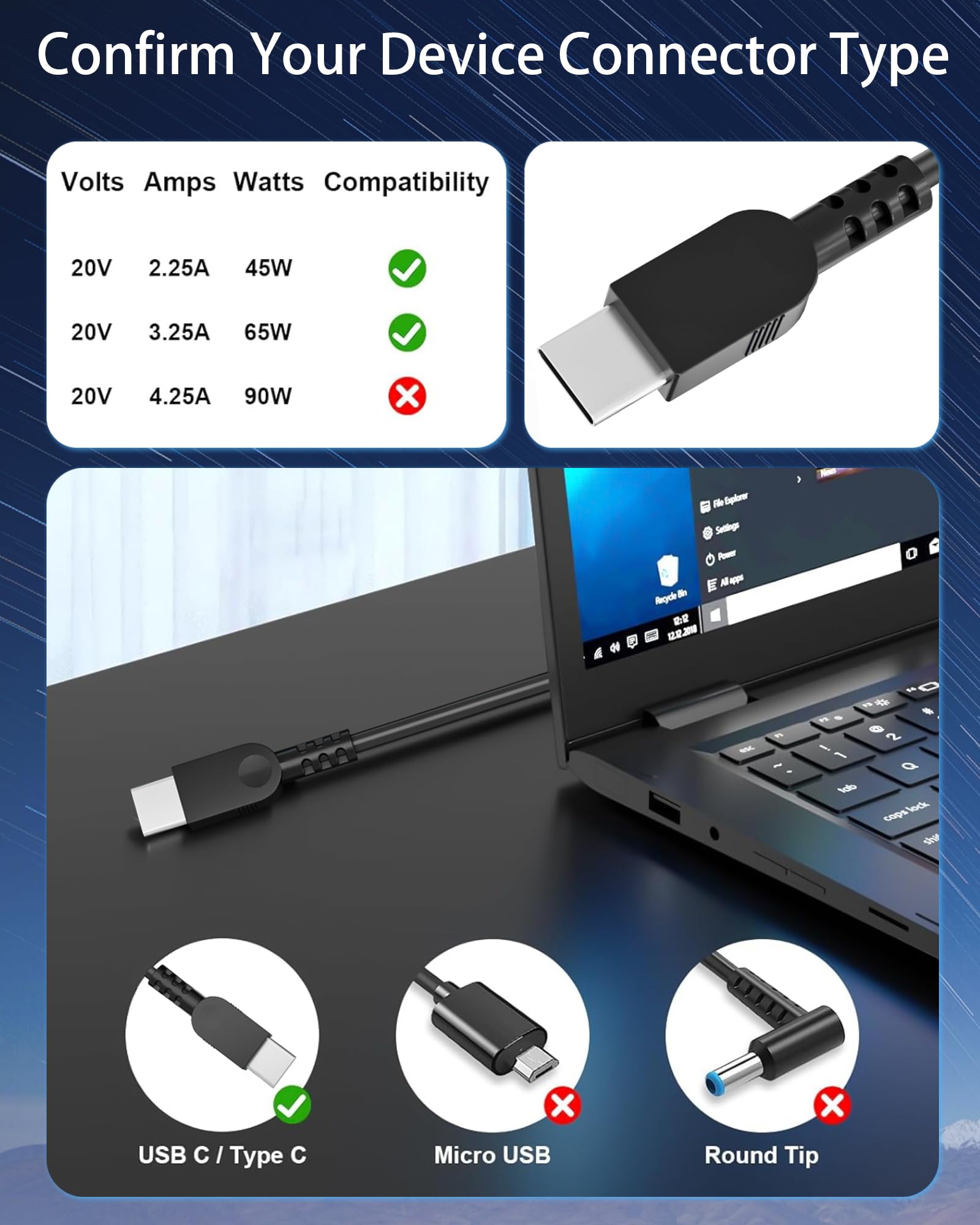 SZGUDULO 2025 New Slim 65W USB-C Laptop Charger Fast Charging for Lenovo Thinkpad/Yoga/Chromebook Computer Type C Power Cord Ac Adapter