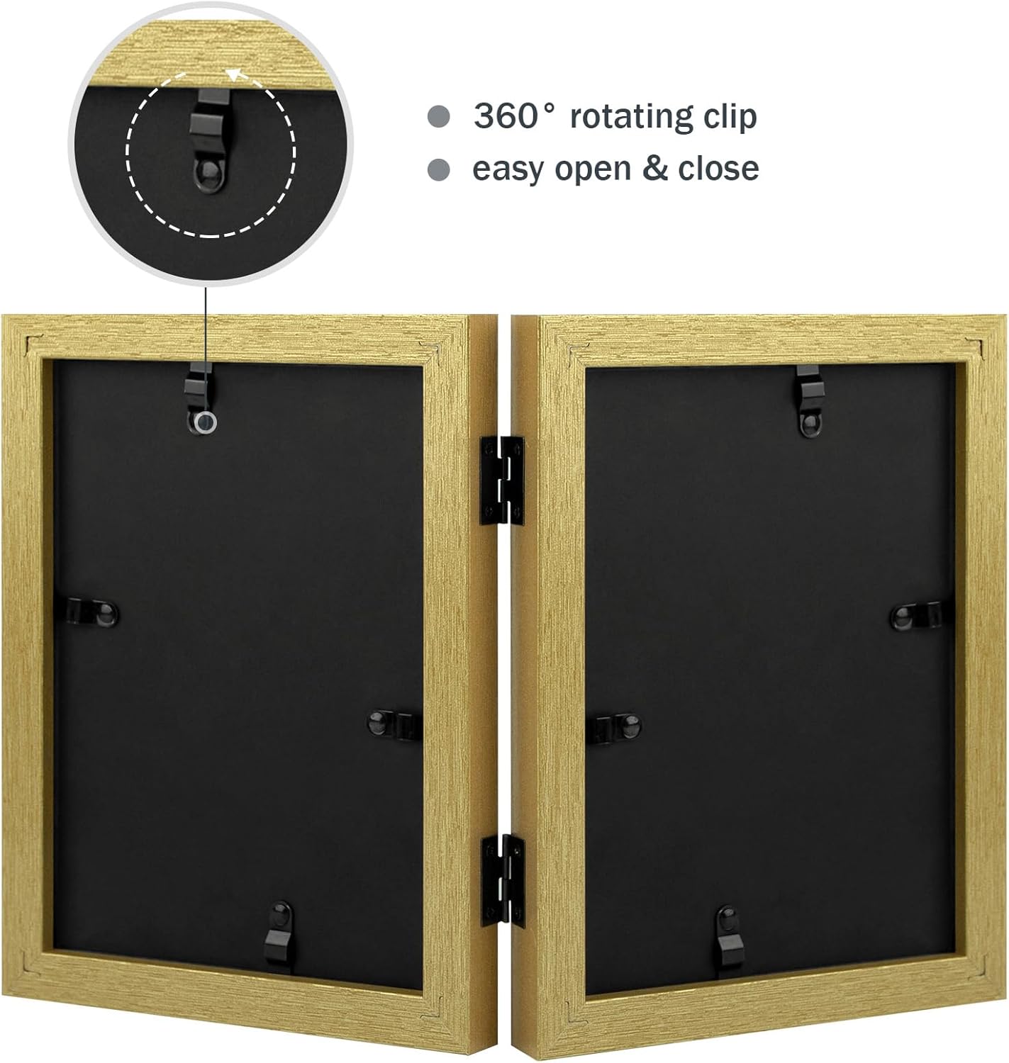Frametory, 5x7 Double Hinged Picture Frame with Glass Front, Engineered Wood Two Photo Frame Collage for Vertical Display, Side by Side Standing Frame (Gold, 2 Pack)