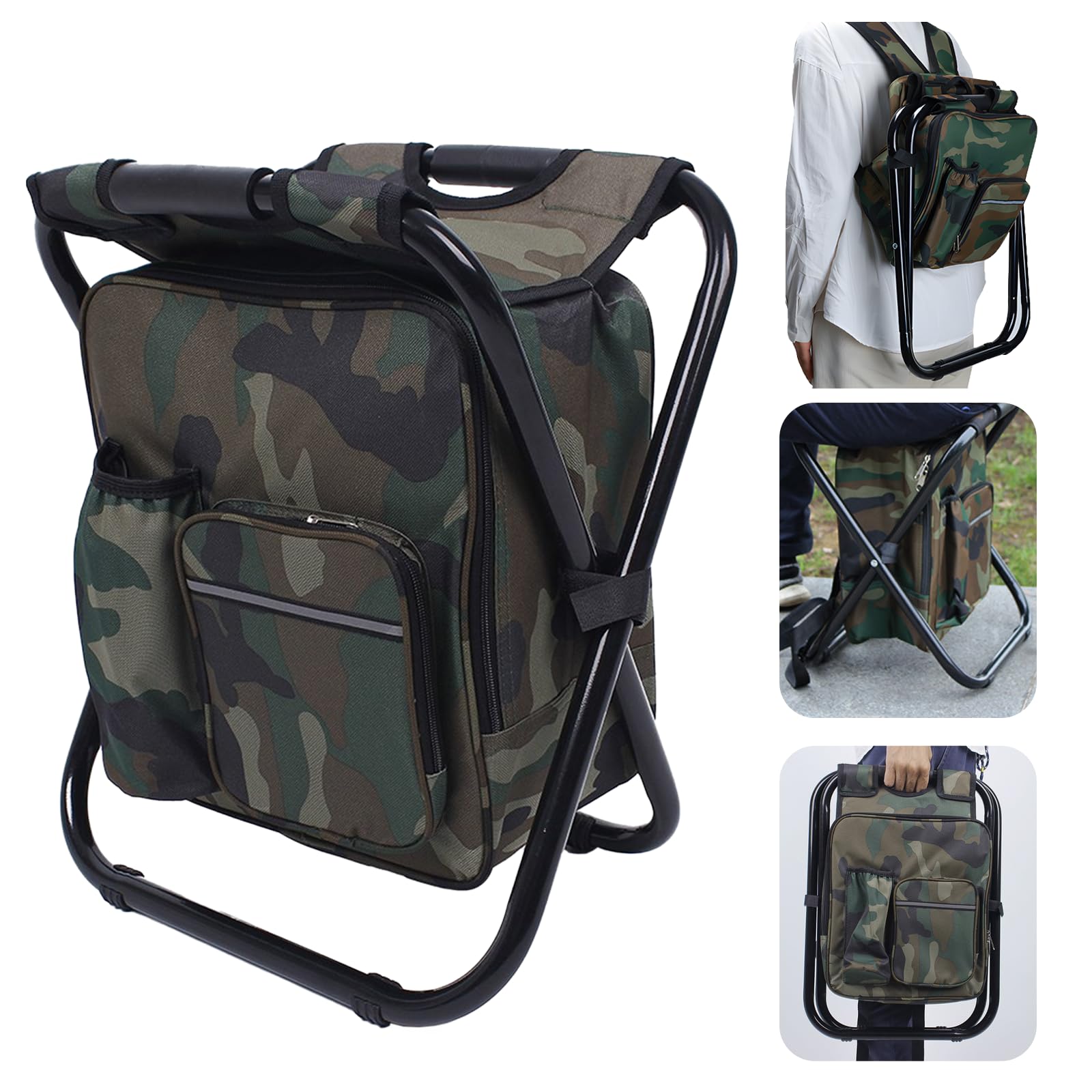 Silla de Mochila, Taburete Plegable para Silla de Camping con Bolsa Refrigeradora, Taburete de Camping Portátil 3 en 1, Tela Oxford de PVC 600D, para Pesca,Camping,Caza (Camuflaje)