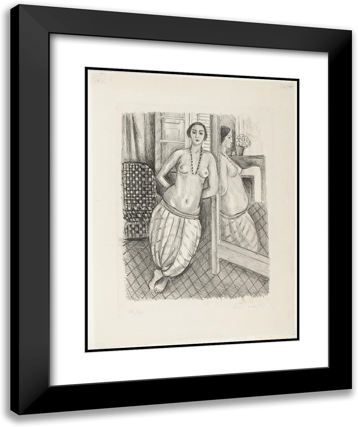 ArtDirect Henri Matisse 20x24 Black Modern Framed Art Print Titled Odalisque in Striped Pants, Reflected in The Mirror