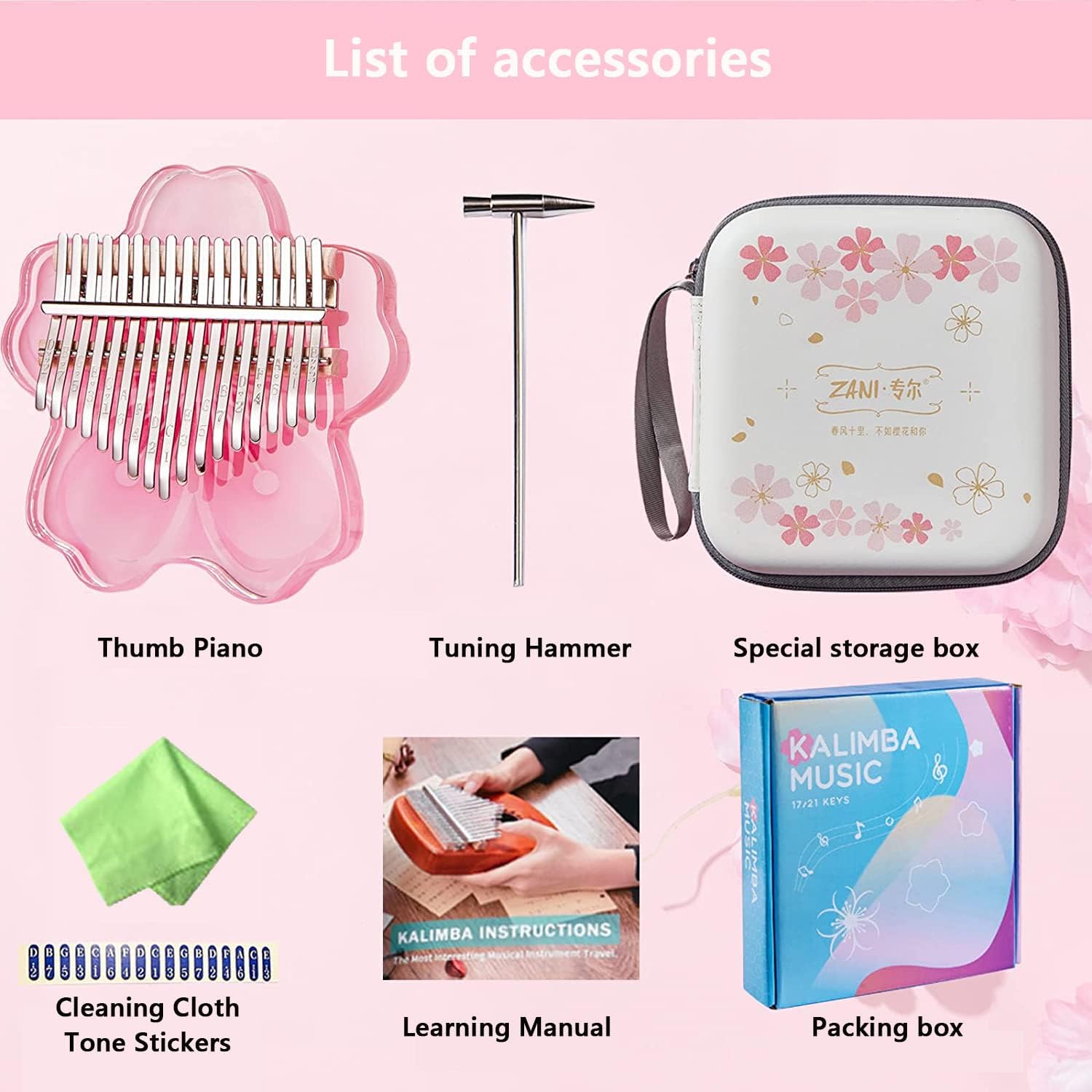 Karimba 17 Key Thumb Piano Set - Pink Acrylic Transparent Cherry Blossom Shape - Portable, Suitable for Beginners - Adult Tone Mixing Hammer with Storage Box & User Manual