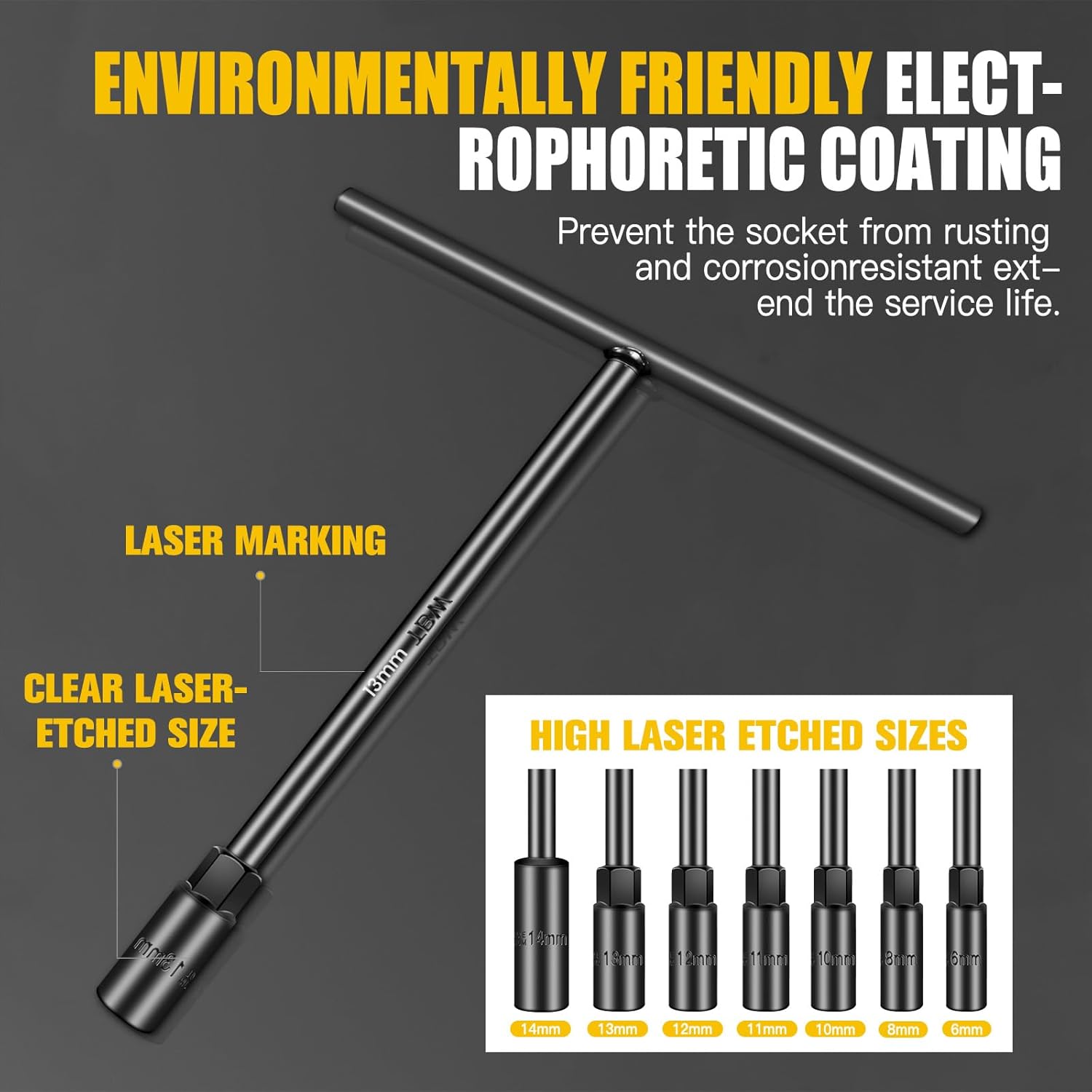 T-Handle Metric Socket Wrench Set 7Pack(6mm, 8mm, 10mm, 11mm, 12mm, 13mm, 14mm) 6-Point Chrome Vanadium Steel with Laser Marking for Motorcycle Bicycle Car Repair