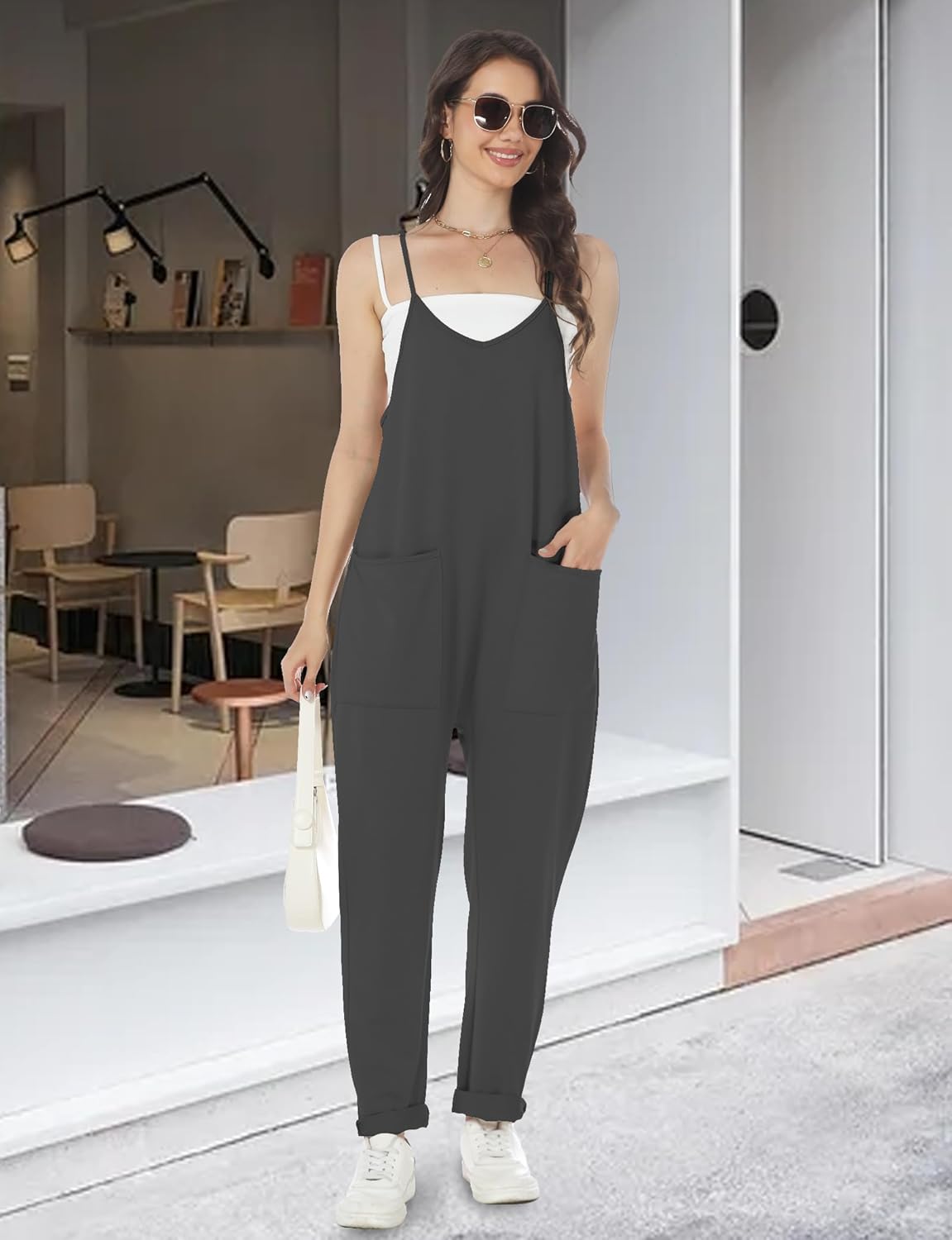 Buauty Jumpsuits for Women Casual V Neck Sleeveless Baggy Overalls Spaghetti Strap Jumpers with Pockets Summer Romper Clothes - Image 7