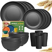Teivio 16-Piece Wheat Straw Dinnerware Set for 4 - Unbreakable Plates, Bowls & Cups, BPA-Free, Dishwasher Safe Black Camping Dishes