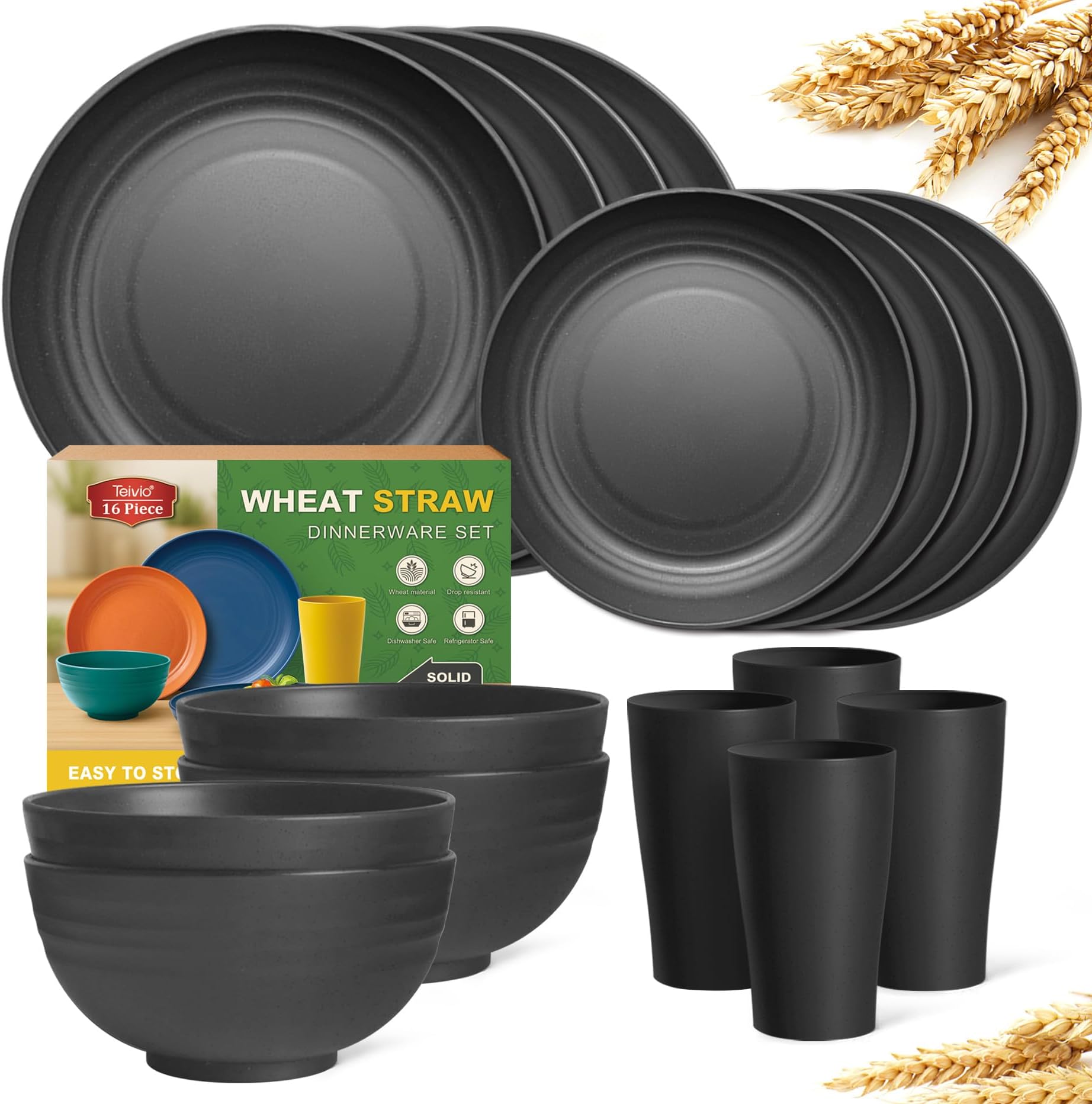 Teivio 16-Piece Kitchen Wheat Straw Dinnerware Set, Service for 4, Dinner Plates, Dessert Plate, Cereal Bowls, Cups, Unbreakable Plastic Outdoor Camping Dishes, Black