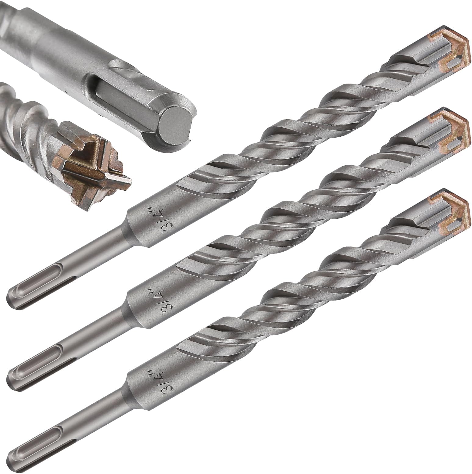 3pcs 3/4" X 8"-6" Cross-Type Double Thread Carbide Drill Bits for Concrete, Brick, Stone, Hammer Drill Bits
