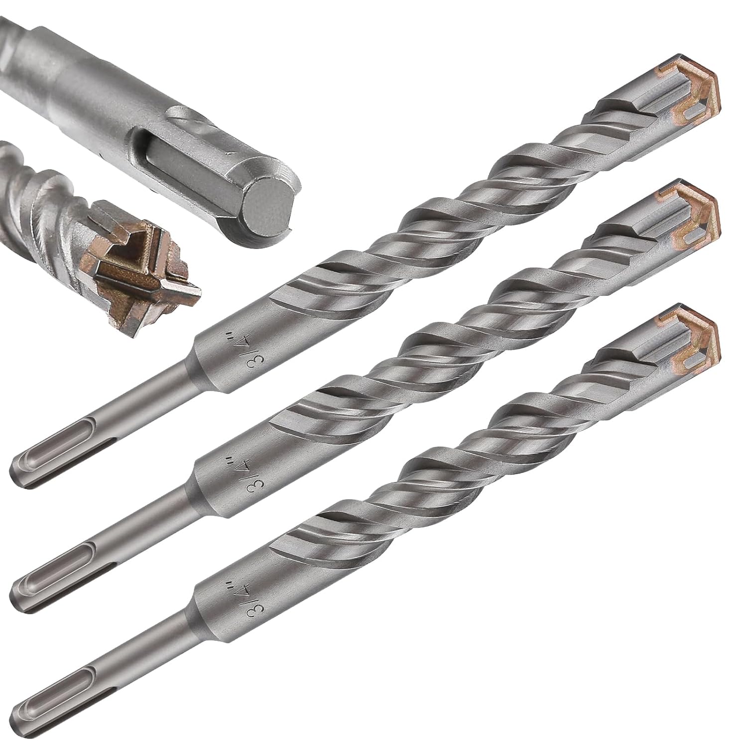 3pcs 3/4" X 8"-6" Cross-Type Double Thread Carbide Drill Bits for Concrete, Brick, Stone, Hammer Drill Bits 3/4" 8"