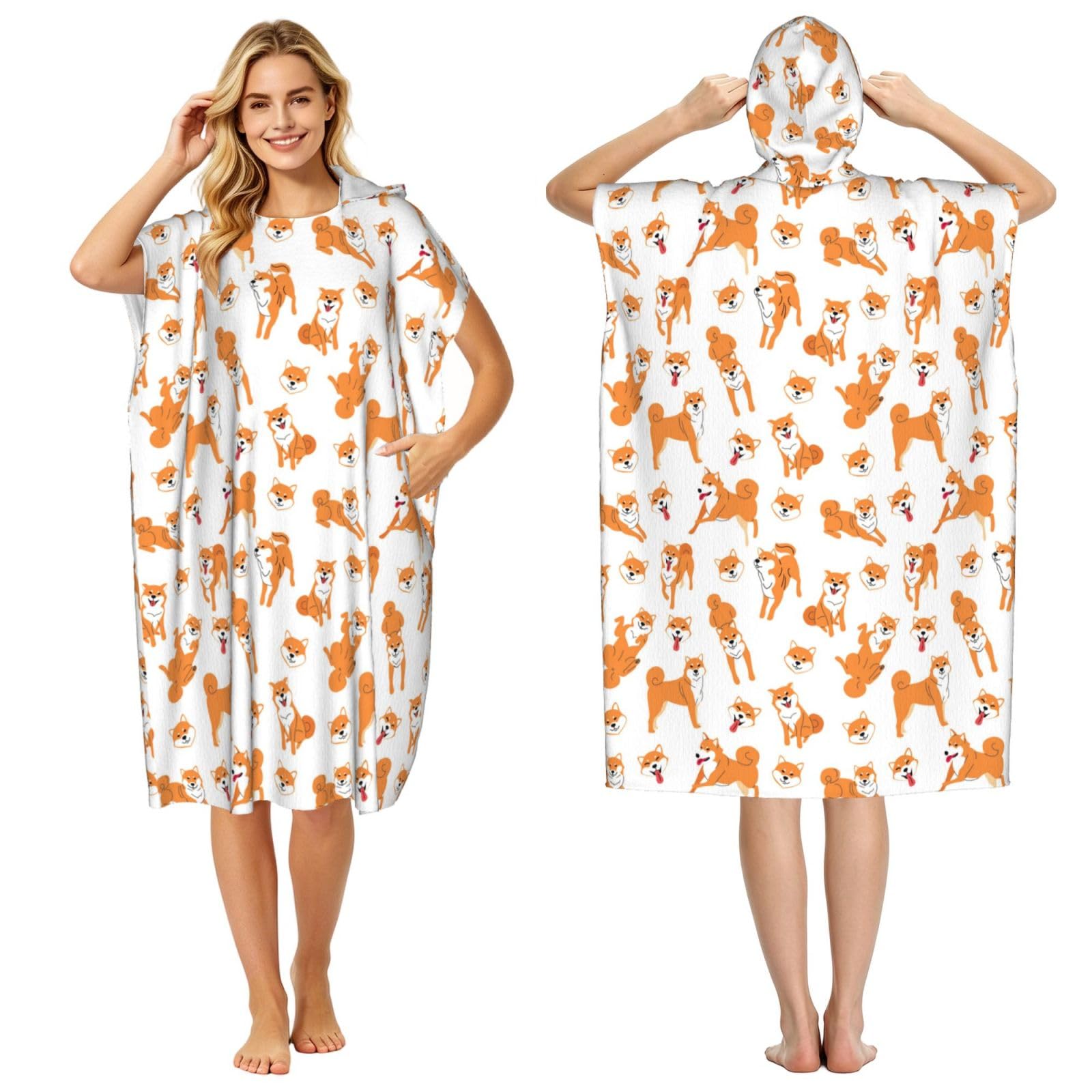Poadnly Shiba Inu Dog Pattern, Adult Hooded Beach Towel 90 x 110 cm,Changing Bath Robe, Surf Poncho Towel For Women Men