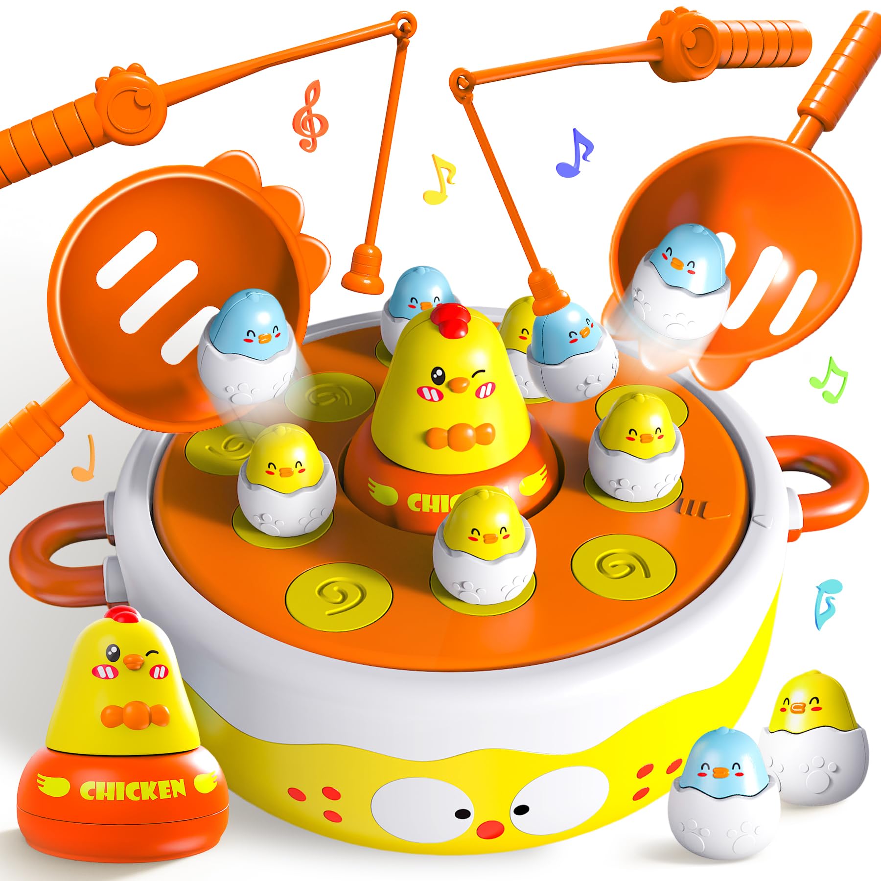 BunnyJOY Set di Pesca Magnetica 4 in 1 con Pulcini per Bambini 3+ Anni Giocattolo Educativo Montessori Interattivo con Musica, Gioco per Bambini di Pesce con Rete, Regalo per Ragazzi e Ragazze 3 4 5 6