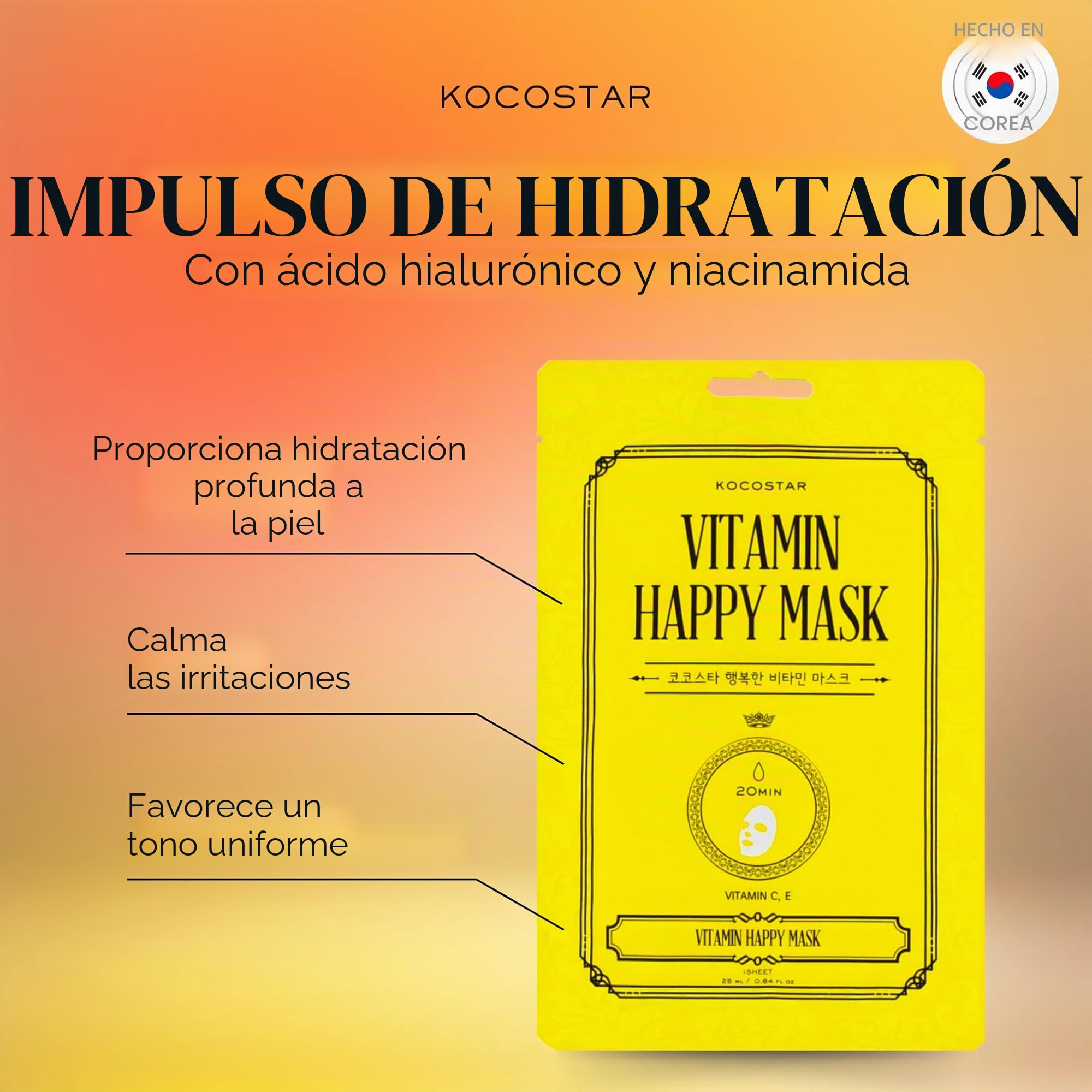 Kocostar I Caja 10 Unidades Vitamin Happy Mask I Mascarilla Facial Coreana I Con Vitaminas C y E y Antioxidantes I Protege Contra Radicales Libres y Fotoenvejecimiento