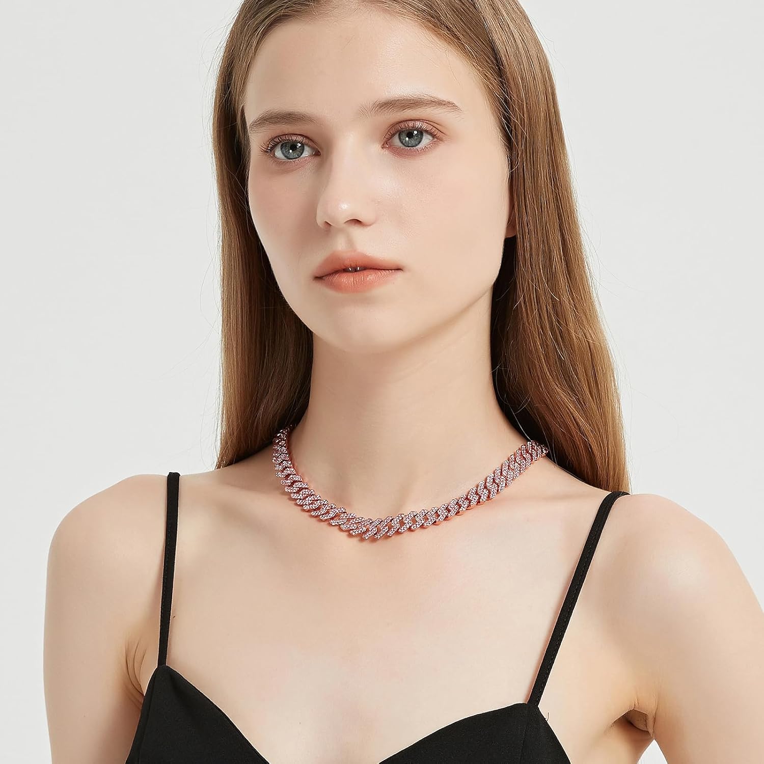 HIPBLING Women Cuban Link Chain Choker Necklace Pink Rhinestones Miami Cuban Necklace 12mm 16 inch Iced Out Chain Bling Hip Hop Jewelry for Womens Gift - Image 2