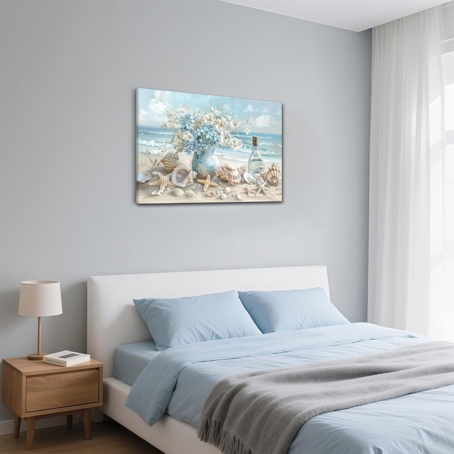 Blue Ocean Beach Conch Canvas Wall Art Starfish with White Flower in Vintage Vase Ocean Coast Picture Poster Prints Painting Artwork Wall Decor for Bathroom Living Room Bedroom Office 24''L x 16''W