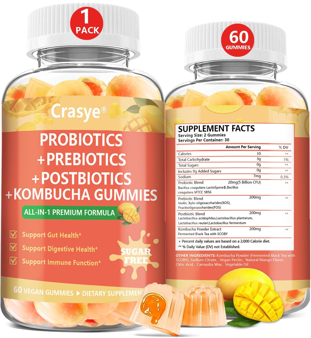Amazon.com: Crasye Probiotic Kombucha Gummies Sugar Free Prebiotic