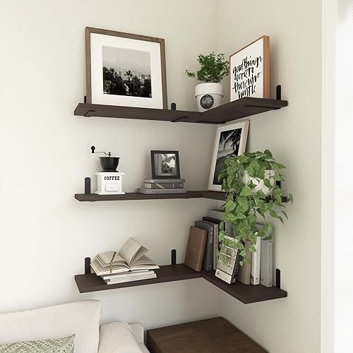 Miniatura 5 de WOPITUES Juego de 6 estantes flotantes de madera, estantes para decoración de pared, estante de granja para dormitorio, estantes de almacenamiento