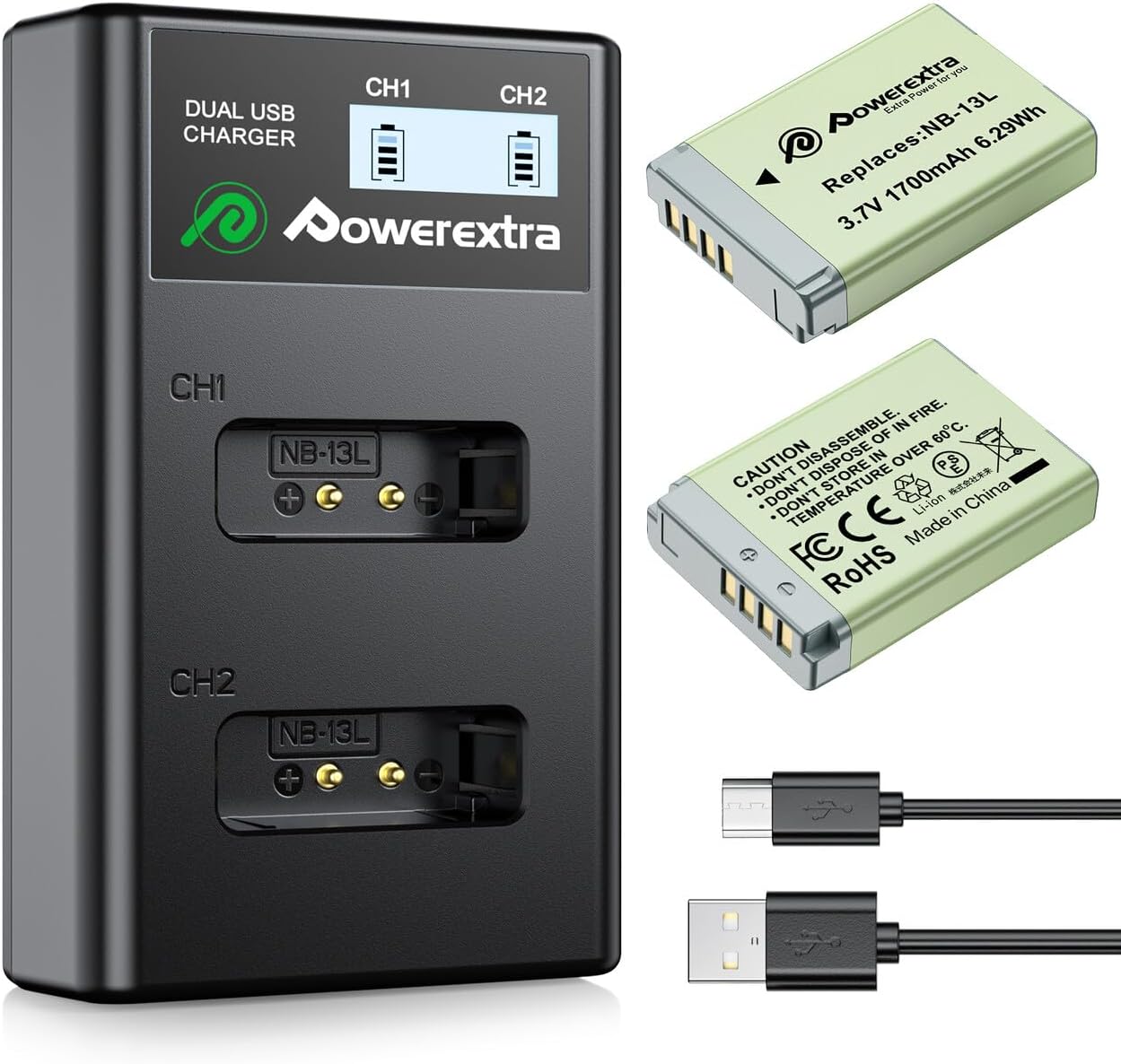 Powerextra NB-13L Battery and Dual USB Charger Set