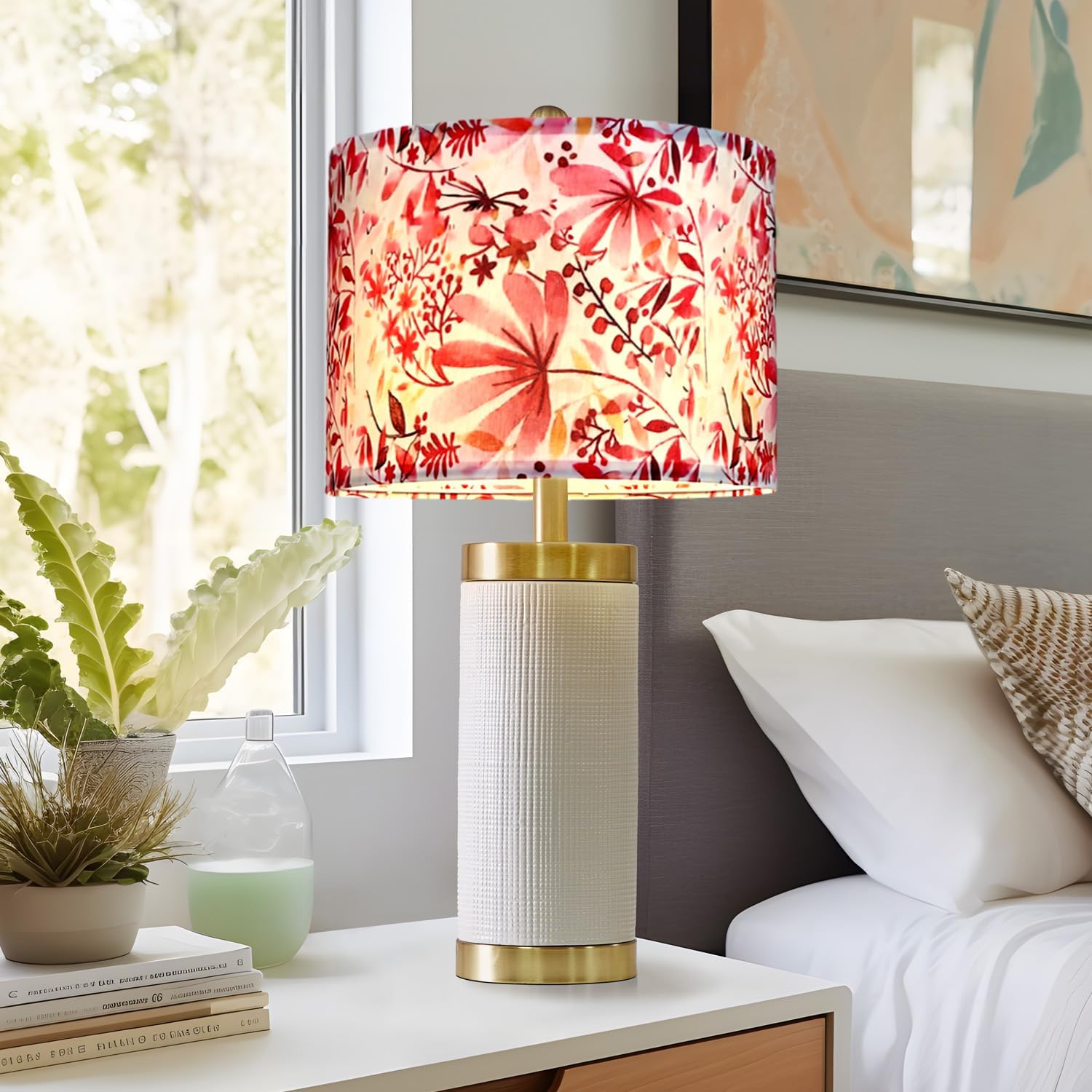 Drum Lamp shades Set of 2,Red Maple Leaf Pattern Lamp Shades for Table Lamps Floor Lamp,13" Top X 13" Bottom X 10" High Large Fabric Lamp Shades,Easy Assembly Replacement Lampshades