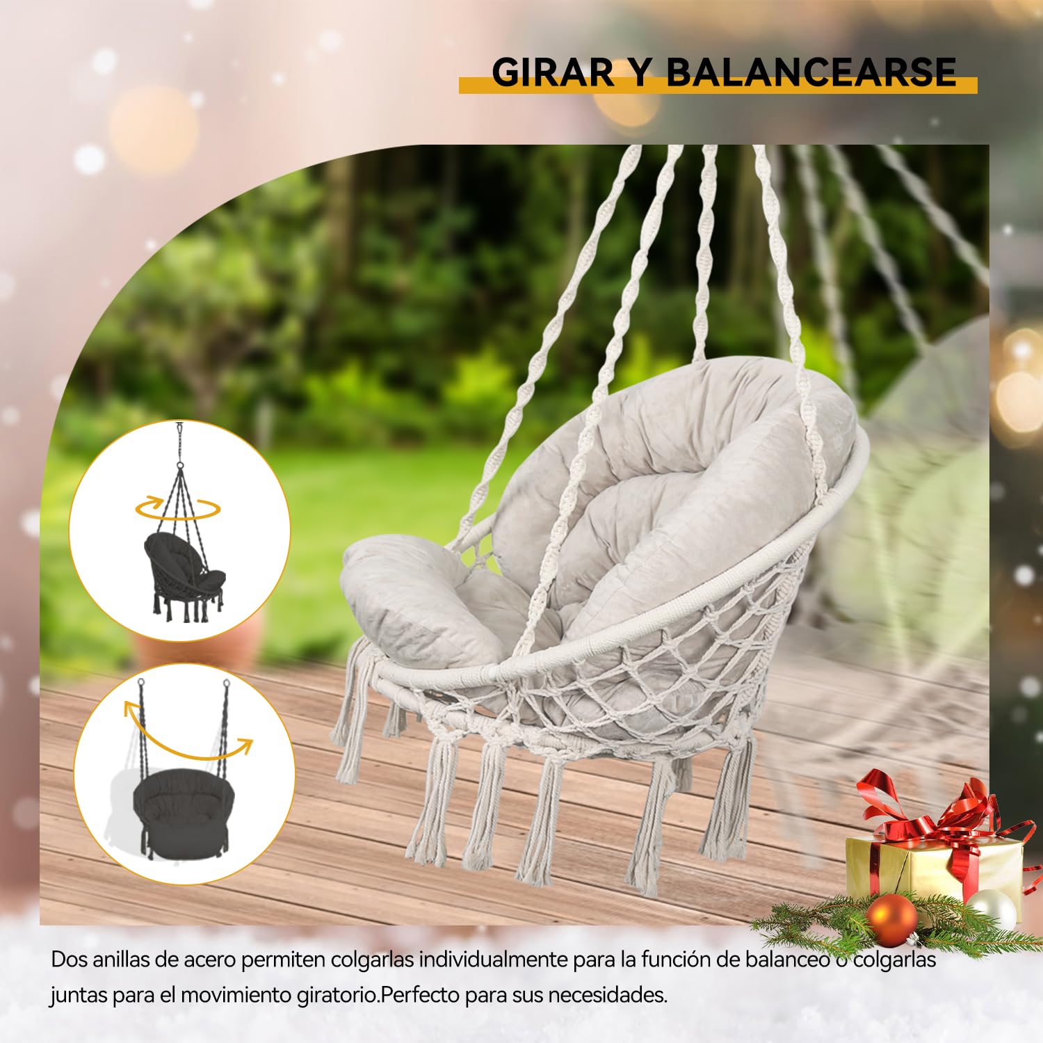Bathonly Silla Colgante, hasta 150 Kg, Hamaca Algodón con Conjines, Mecedora Macramé, Hecha a Mano con Kit de Suspensión, Bohemio, Jardín, Interior y Exterior, Beige