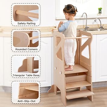 Labebe Montessori Learning Tower for Children, Learning Tower with Slide, 3-in-1 Adjustable Heights Learning Tower with Chalkboard, Multifunctional Children's Learning Chair, Step Stool for Kitchen
