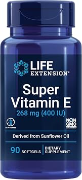 Life Extension Super Vitamin E, 268 mg 400 IU, Non-Synthetic Vitamin E Supplement Promotes Whole-Body Health, Gluten-Free, Non-GMO, 90 softgels