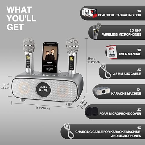Miniatura 6 de Máquina de karaoke mejorada para adultos y niños, micrófono de karaoke inalámbrico portátil Bluetooth 2 UHF con soporte, tarjeta USBTFentrada