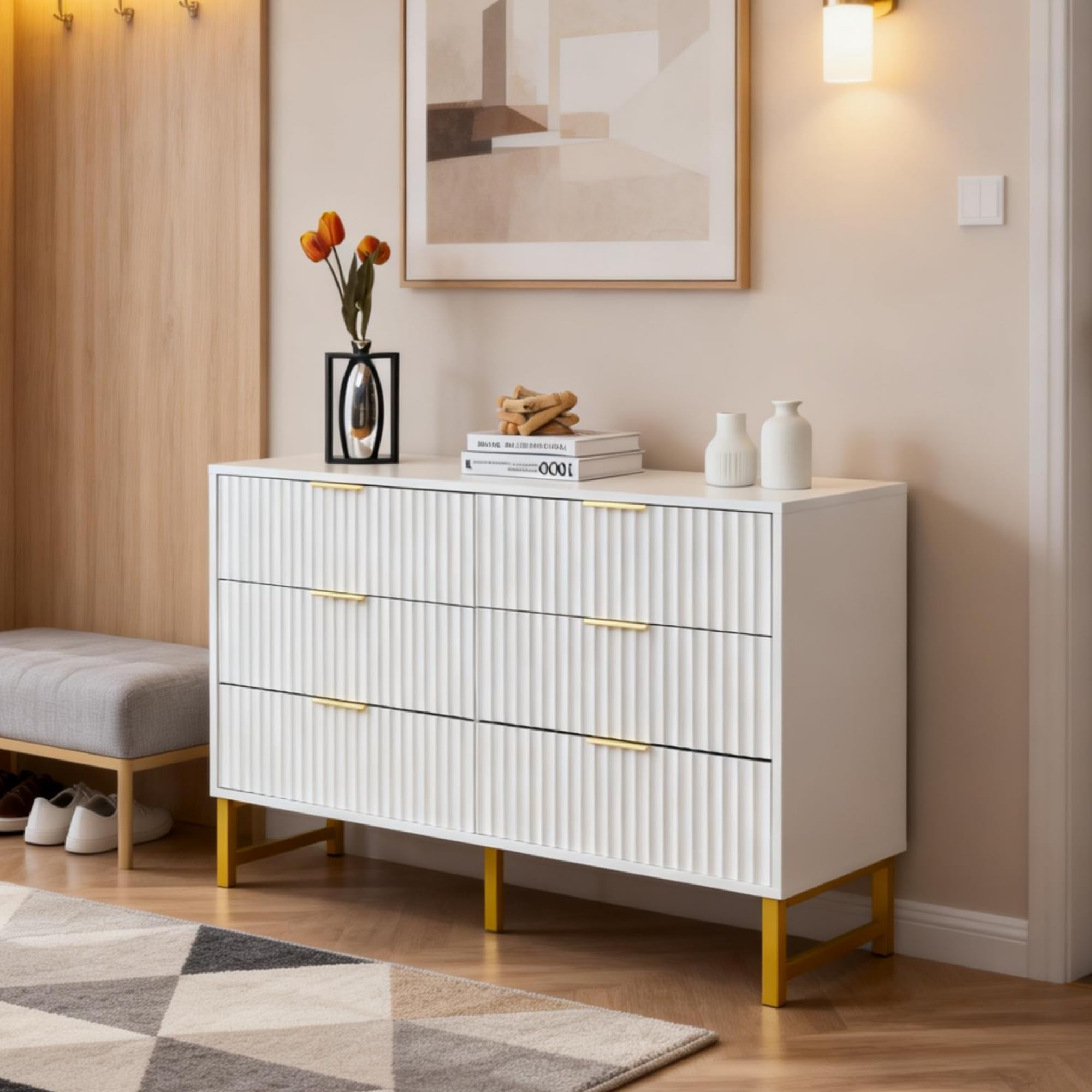 – Chest of Drawers, Chest of 6 Drawers Fluted Dresser Modern Nightstand, Clothing Storage Cabinet with Metal Legs for Bedroom, Living Room - 6 Drawers - White