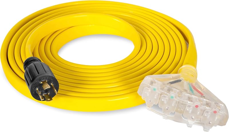 Divisor de cable de extensión del generador bajo la puerta aplanado de 30 amperios y 125 V/250 V, 25 pies (convierte L14-30R en cuatro tomas de 5-20R) (PC1420F)