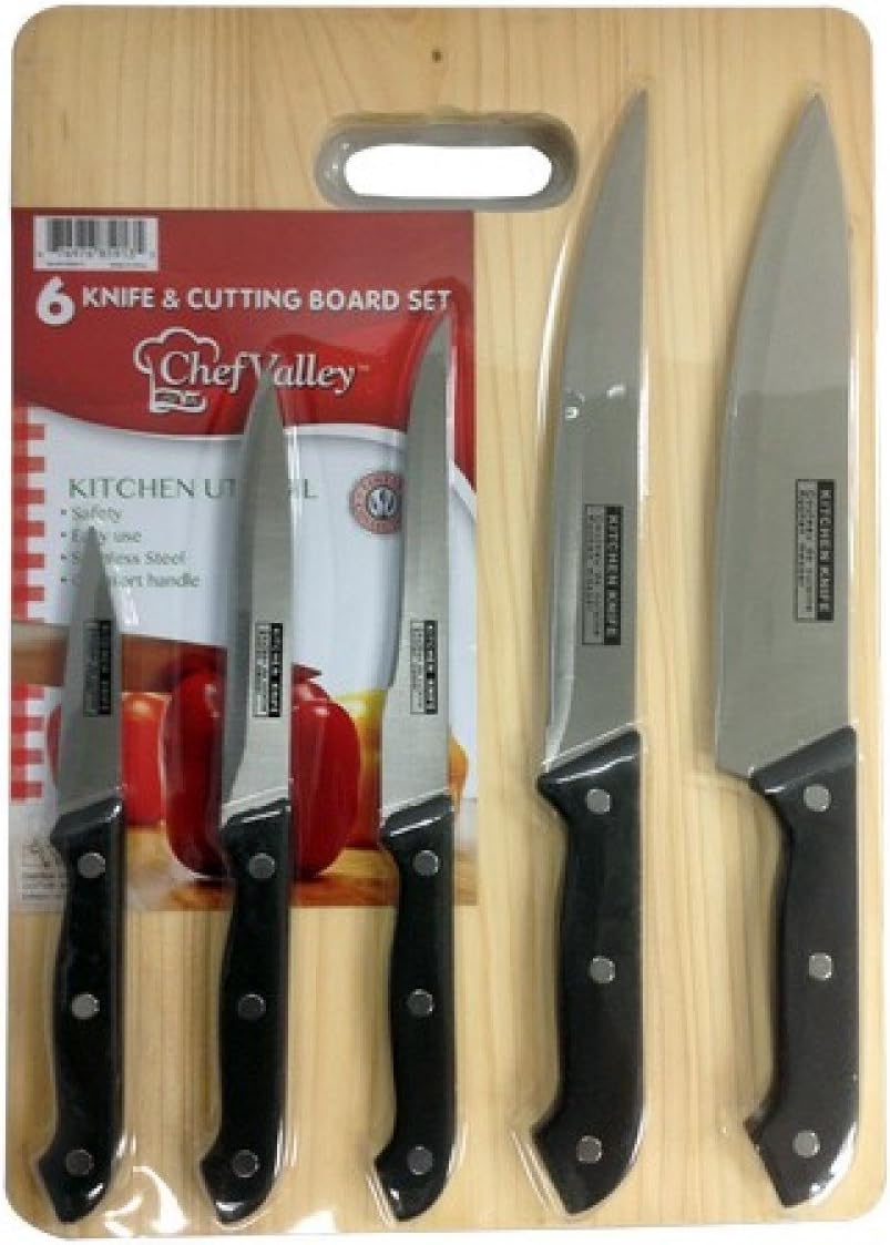 Zinburry 6 Piece Stainless Steel Knives & Wooden Cutting Board Set 13” x 9”