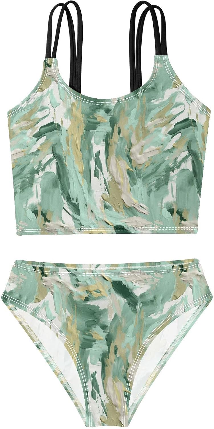 visesunny Girls Two Piece Swimsuits Mint Paint Texture Girl's Bikini Sets Bathing Suits for Girls Size 5-12Y