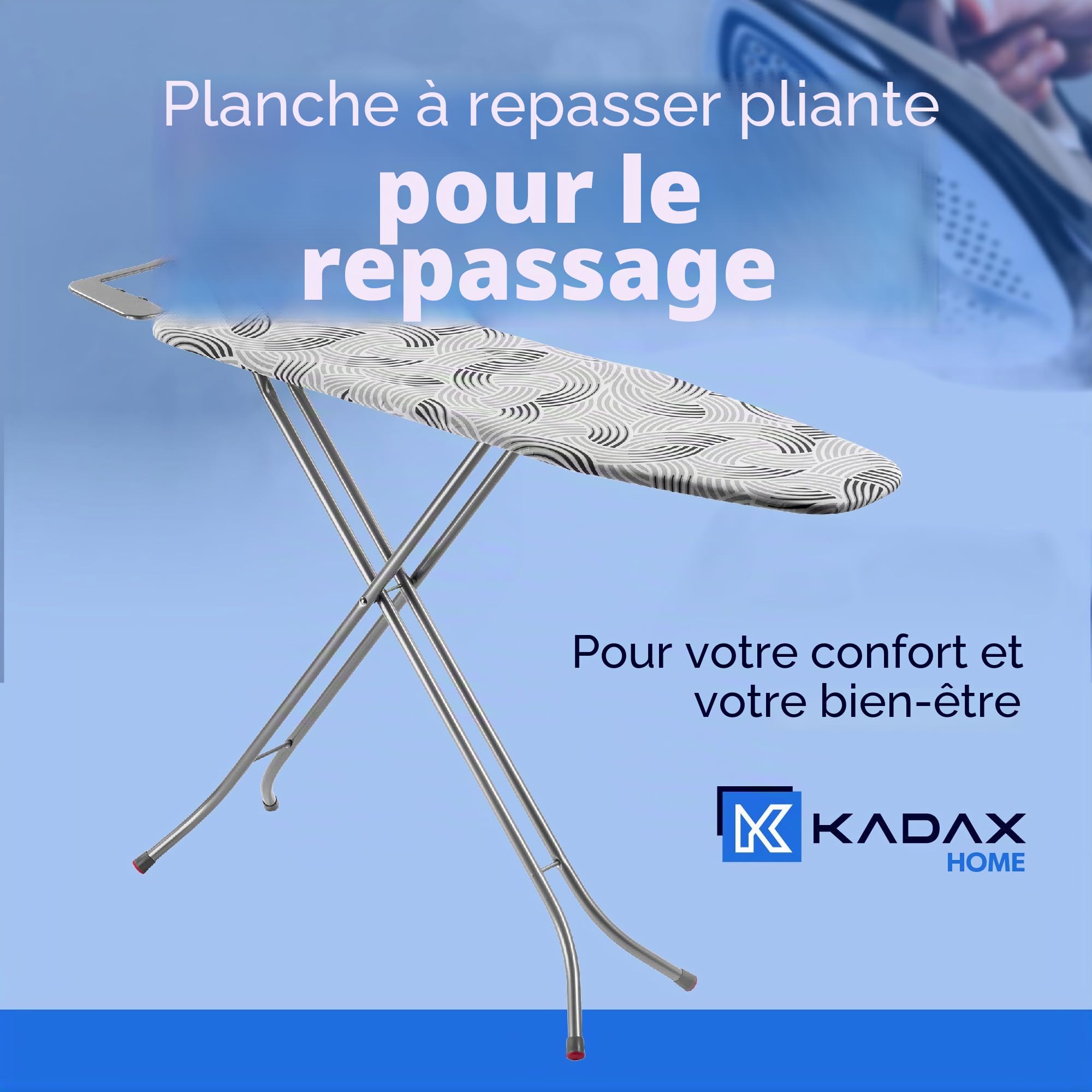 KADAX Planche à Repasser compacte - 114 x 34 cm Gris M - pour Repassage Confortable sur Grille métal - Repose-Fer et Housse Coton avec Mousse 5 mm Hauteur réglable Pieds antidérapants fabriquée UE