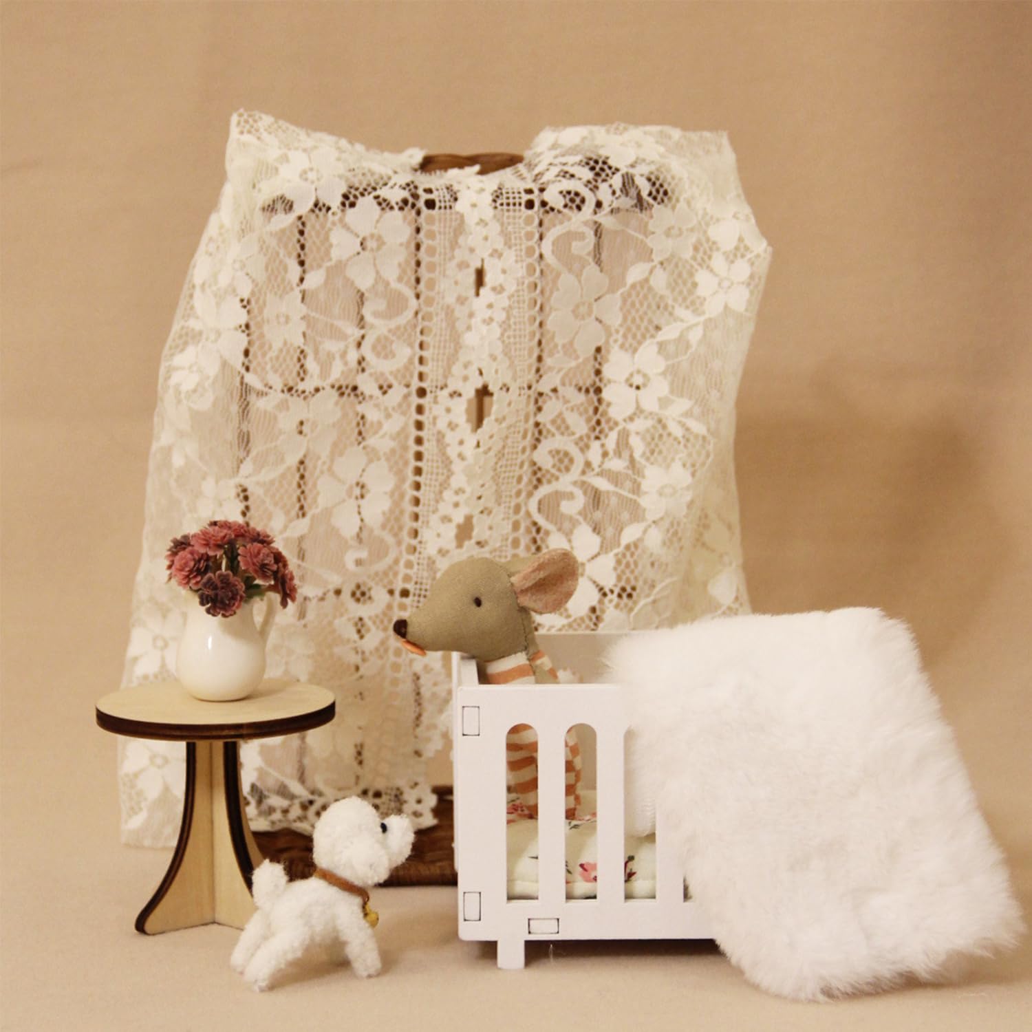 Minamzee 1:12 Dollhouse Bed, 1 Set Wooden Miniature Dollhouse Bed with Bedding, Cradle Model Mini Doll Crib - Image 3