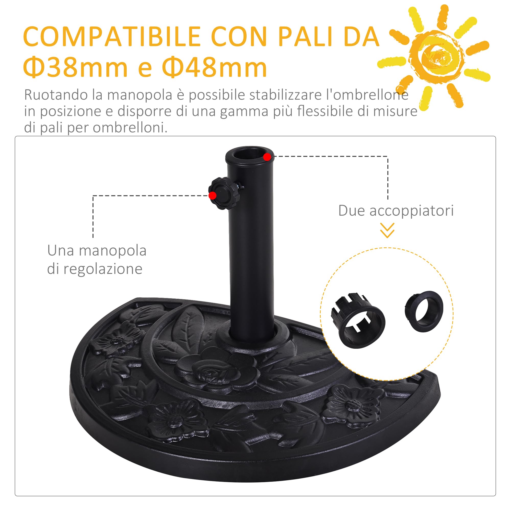 Outsunny Base per Ombrellone a Mezzaluna da Ø38 mm e Ø48 mm con Manovella, Basamento per Ombrellone in Resina, Base Ombrellone a Parete 50x31x32 cm, Nero
