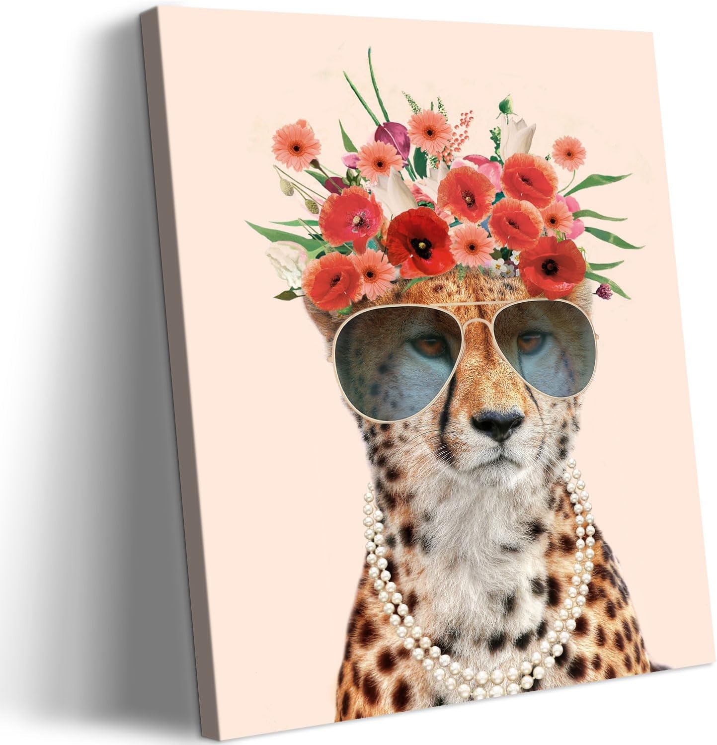 Animal Leopard Wall Art Picture Print, Cool Leopard with Floral Crown Cute Painting Wall Decor Wildlife Cheetah Artwork Framed Modern Canvas Art Posters for Nursery Bedroom Home Office 12"x16"