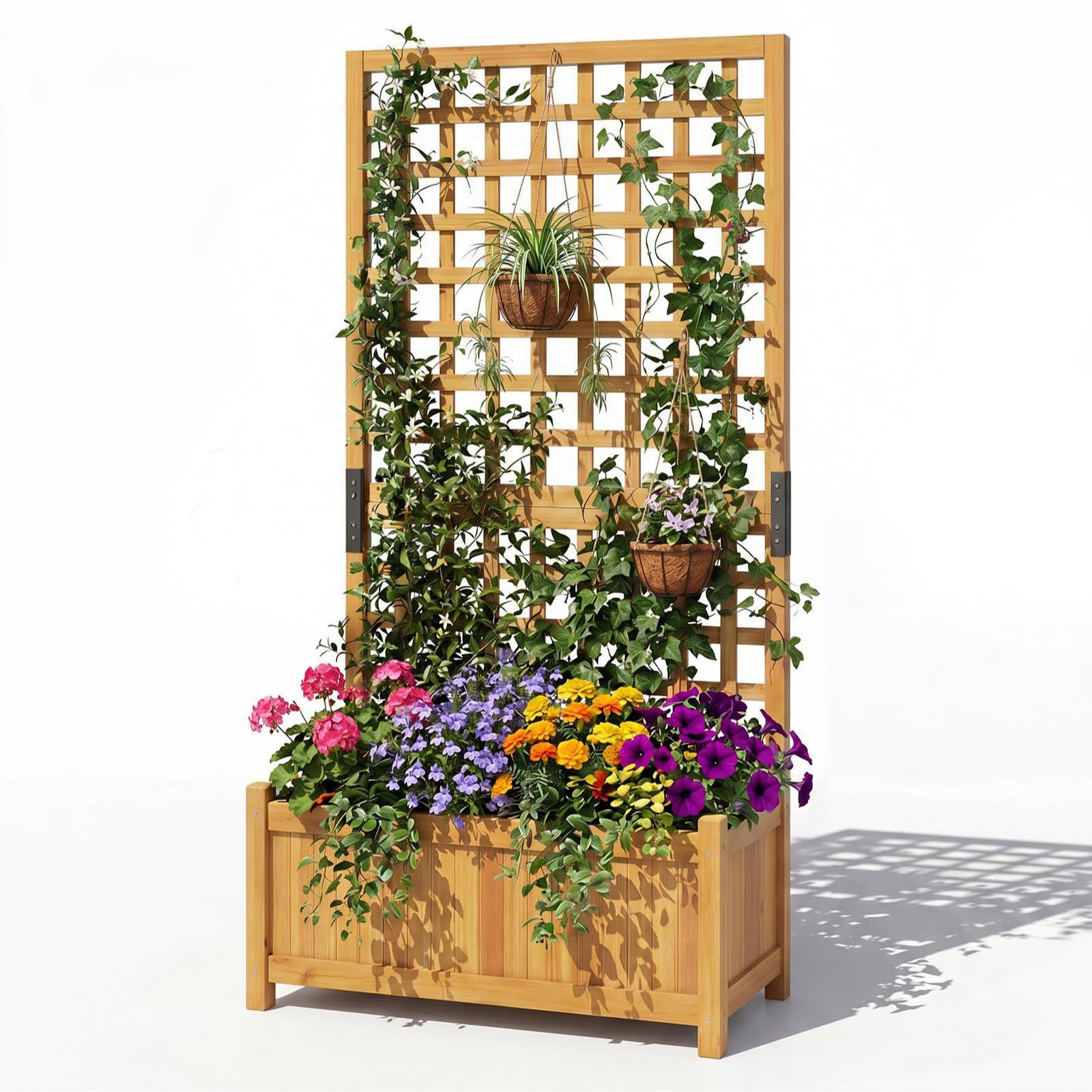 HOMASIS Blumenkasten mit Sichtschutz, Pflanzkübel mit Rankgitter, Pflanzkasten aus Holz, Hochbeet Pflanzgefäß Rankkasten Gartenspalier Rankhilfe für Balkon Garten Terrasse (Orange, 76x32x143cm)