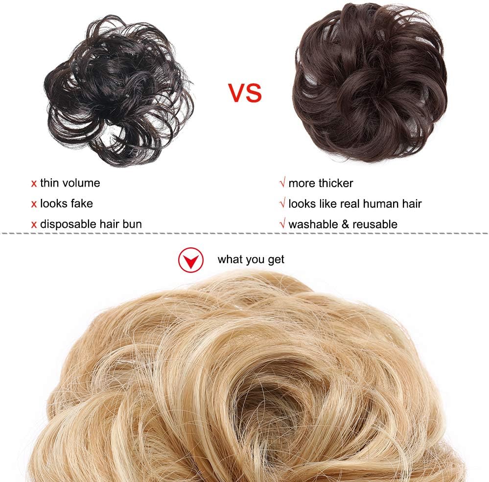 Silk-co Thick Hair Bun Extensions Messy Curly Hair Scrunchies Hairpieces Synthetic Donut Updo Pieces 35g/PC Light Brown & Blond - Image 4