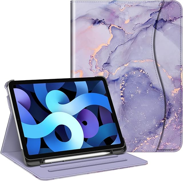 FINTIE Case Compatible with iPad Air 5th Generation (2022) / iPad Air 4th Generation (2020) 10.9 inch, Multi-Angle Viewing Folio Stand Cover with Pocket, Auto Sleep/Wake, Lilac Marble