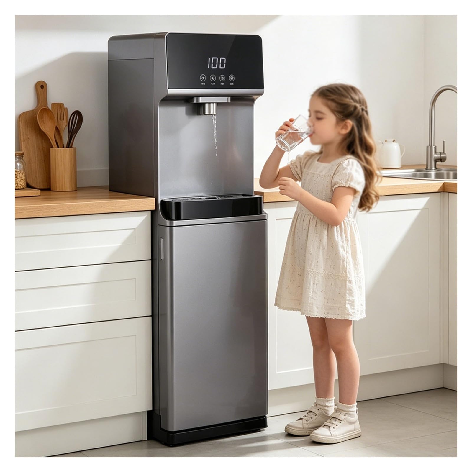 Dispensador De Agua De Pie con Pantalla Digital,Maquina De Agua Fria Y Caliente Montaje Inferior,5 Ajustes De Temperatura,Enfriador De Agua para Hogar, Gris