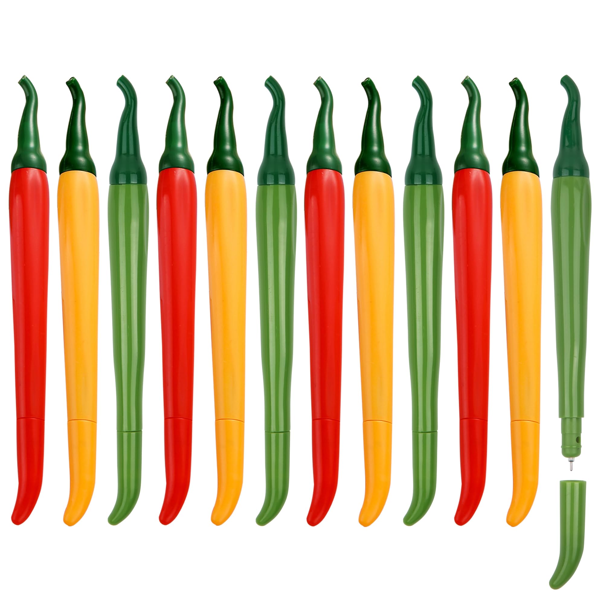 Umbrotiger Chili Shaped Pens 12Pcs - Red Yellow Green Pepper Ballpoint Pens, 0.5mm Black Ink Smooth Writing Gel Pens for Classroom, Office & Funny Gifts​​