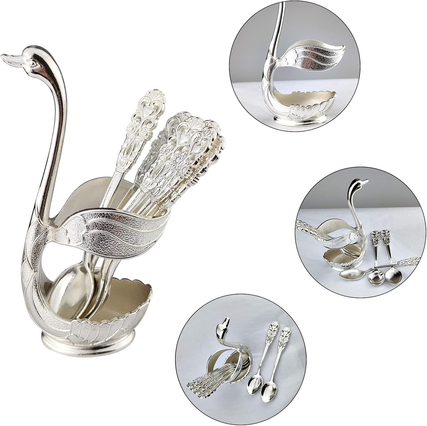 Flylin Creative Coffee Spoon Set - 6pcs Mini Silver Dessert Spoons with Swan Base Holder for Coffee, Dessert, Sugar, Ice Cream