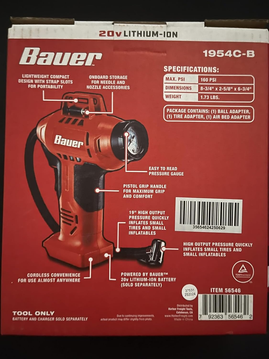 20V Inflator Compatible with Bauer 20V Cordless 0-160 PSI Inflator (1954C-B) - Fits Car Tires, Bike Tires, Motorcycle Tires, Sports Balls, Air Mattresses, Pool Toys, and More (Tool Only - No Battery)