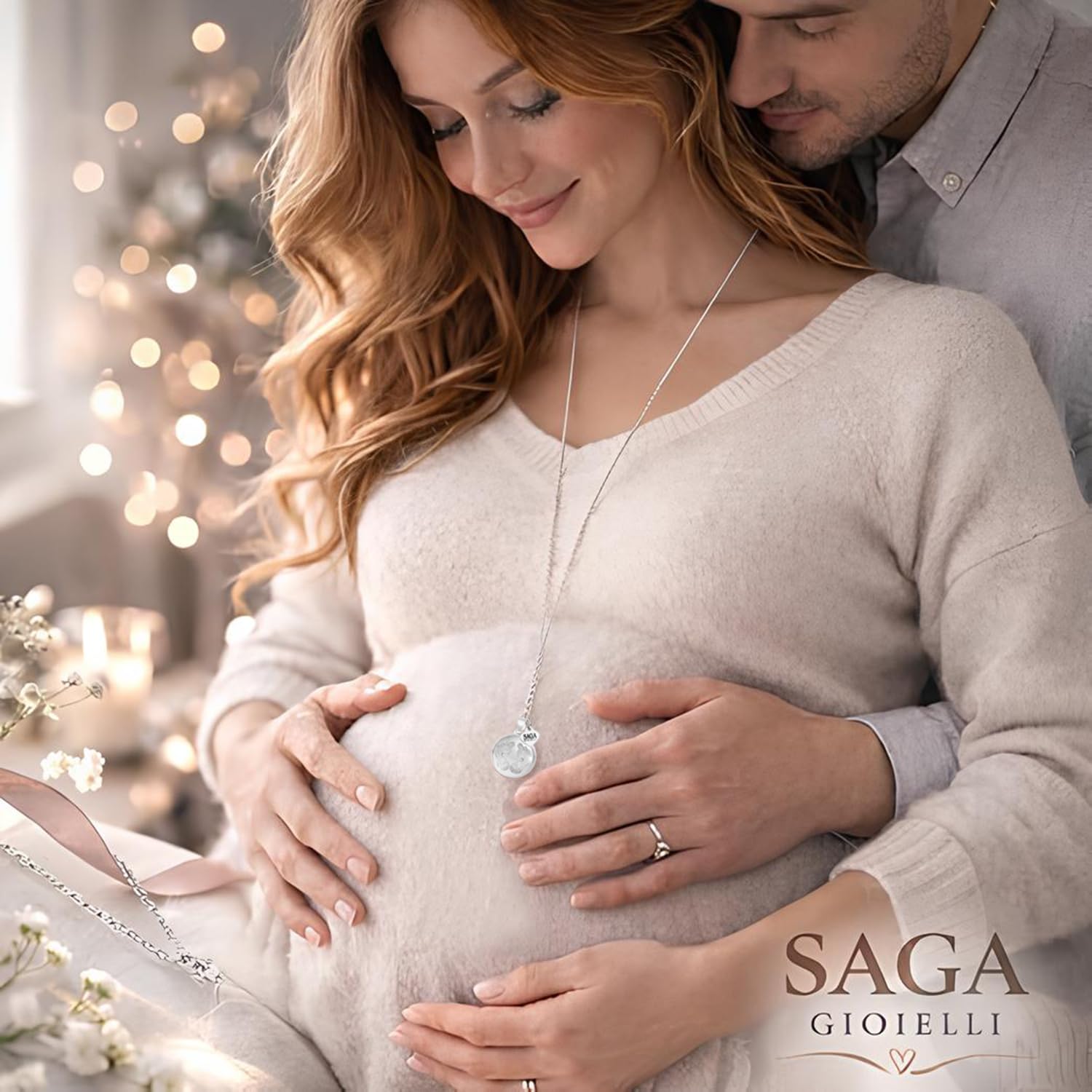 SAGA GIOIELLI Collana Donna Chiama Angeli, Gravidanza, Richiamo Degli Angeli, Collana Lunga Future Mamme, Piedini Lavorati, Collana Acciaio 100 cm, Confezione Regalo