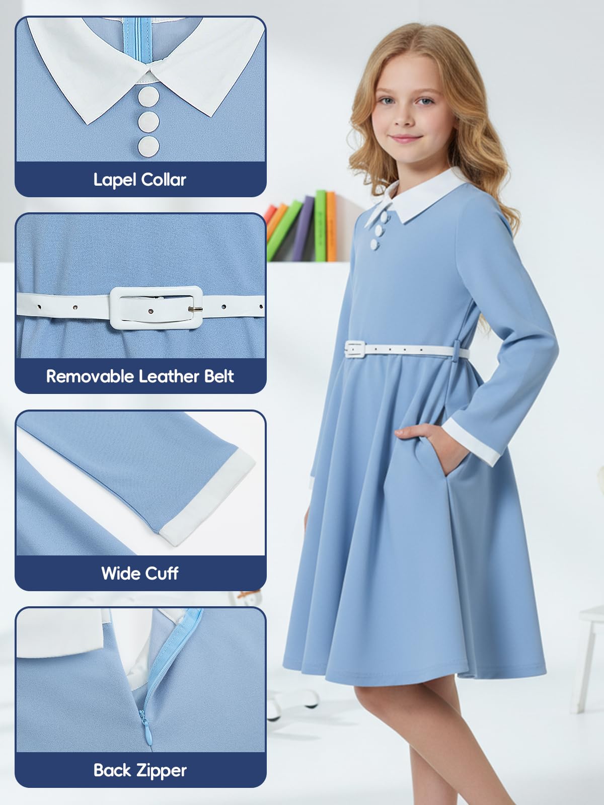 JiAmy Dziewczęce sukienki z długim rękawem, kołnierz vintage, elegancka sukienka imprezowa z paskiem, zamek błyskawiczny z tyłu, linia A, wysoka talia, jesienna odzież dla dziewczynek w wieku 4-12 lat