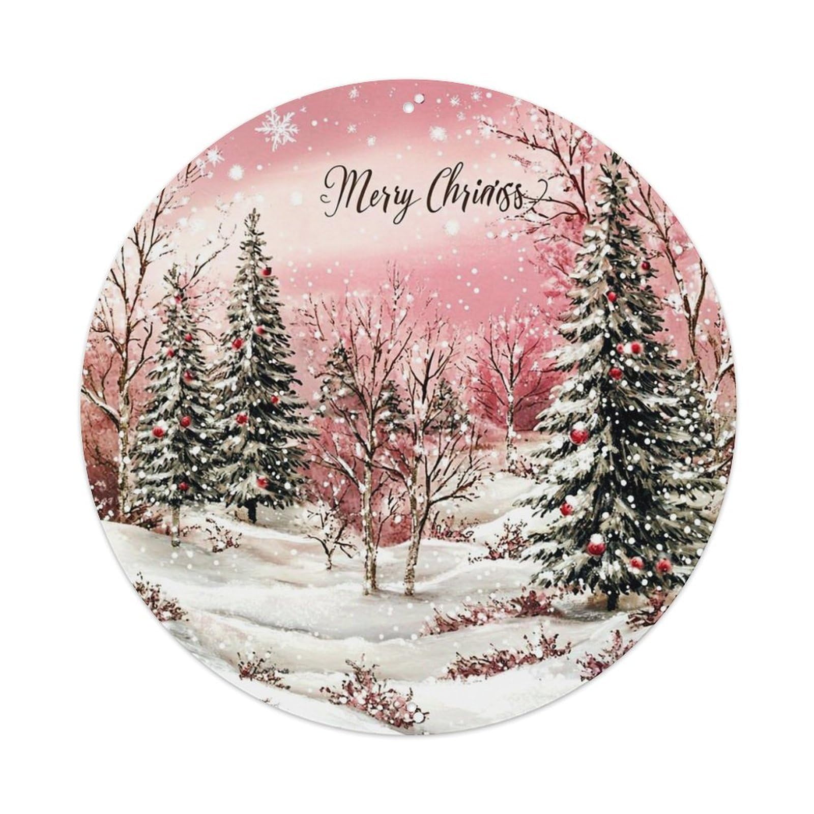 Winter Forest Snowflakes Trees Christmas Retro Metal Sign Round Tin Sign, Vintage Decor Art Poster for Bar, Home, Man Cave, Kitchen, Laundry Room Gift 8x8Inch