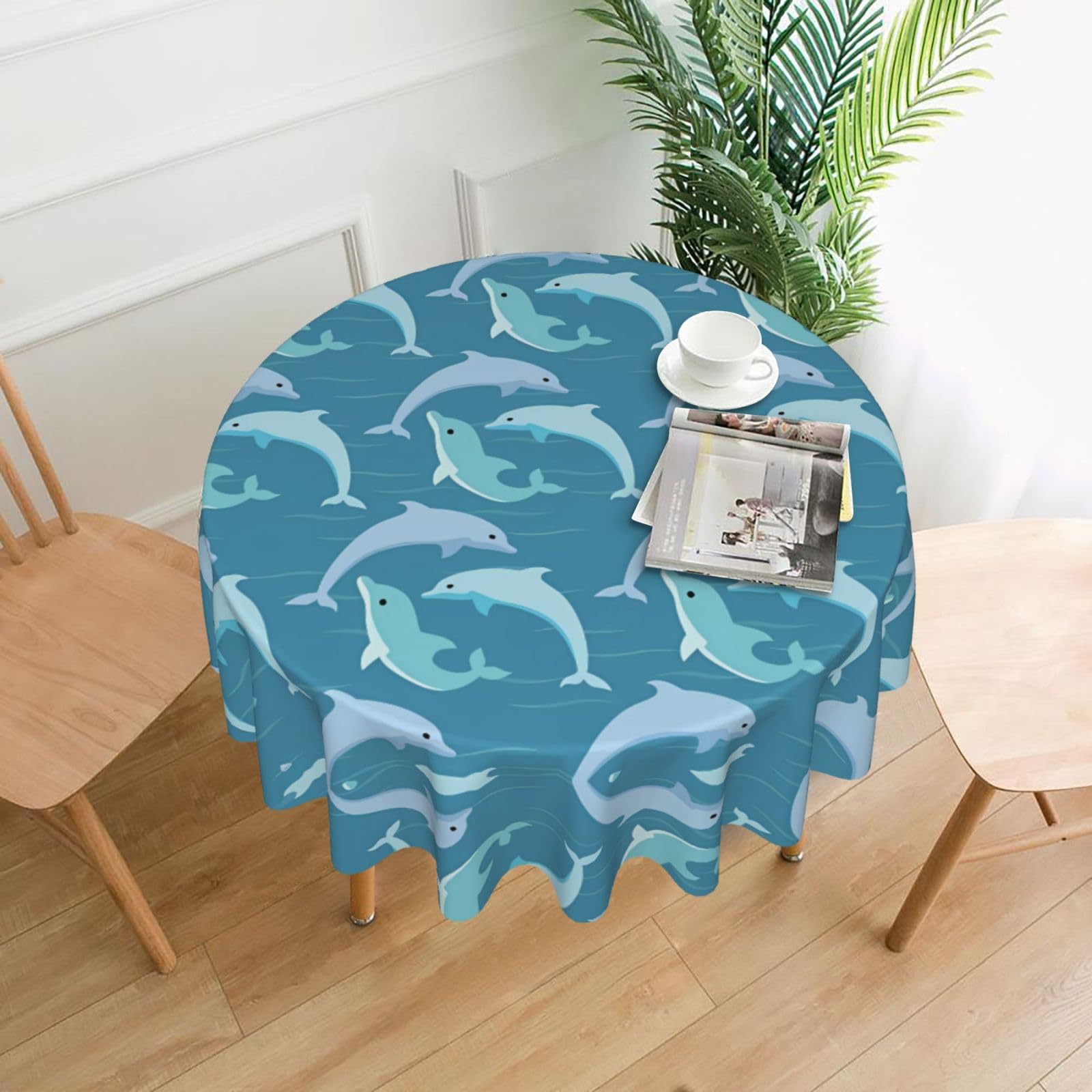 WHJSHOP Beautiful Dolphins Prints Round Table Throw 60 Inch – Waterproof Table Cover for Dining, Coffee Tables, Parties & More - Soft, Wrinkle-Resistant Table Layer