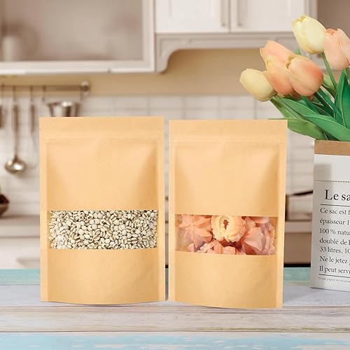 Miniatura 4 de 100 bolsas resellables, bolsas de papel kraft de pie con ventana mate, bolsas de almacenamiento de alimentos con cierre de cremallera para productos