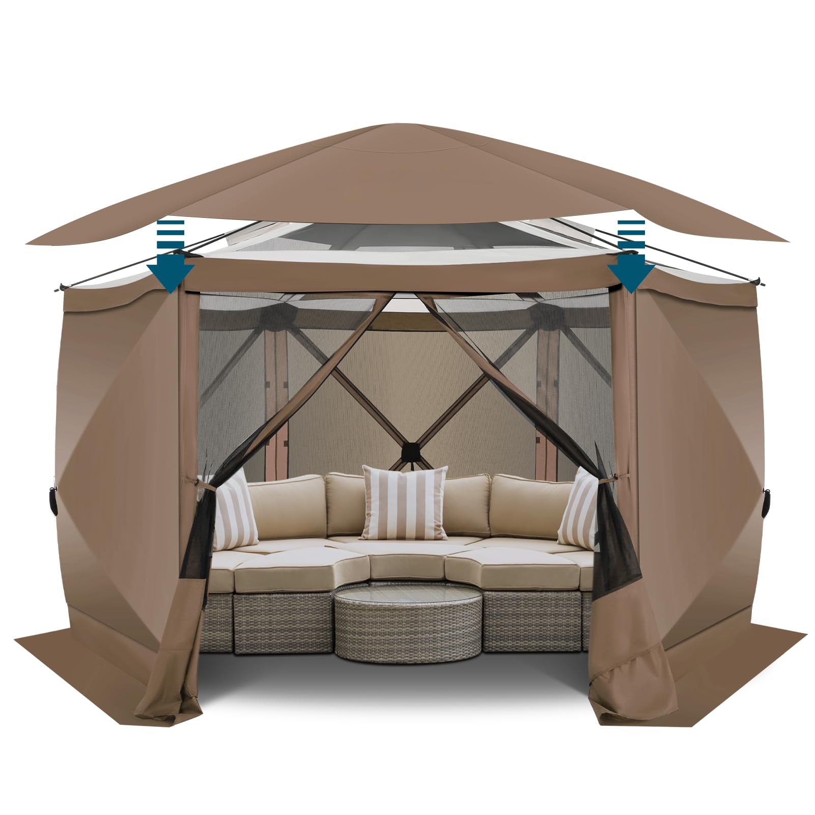 COBlZl Pop Up Gazebo 12x12 Screen House Tent for Camping, Outdoor Instant Stargazing Gazebo Canopy with Awning 2.0, Portable Hub Tent with Removable Sidewalls,Pavilion for Backyard,Brown