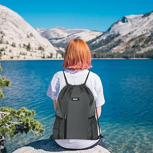 Miniatura 6 de WANDF Mochila deportiva con cordón y bolsillos de malla, resistente al agua, para mujeres y hombres (gris)