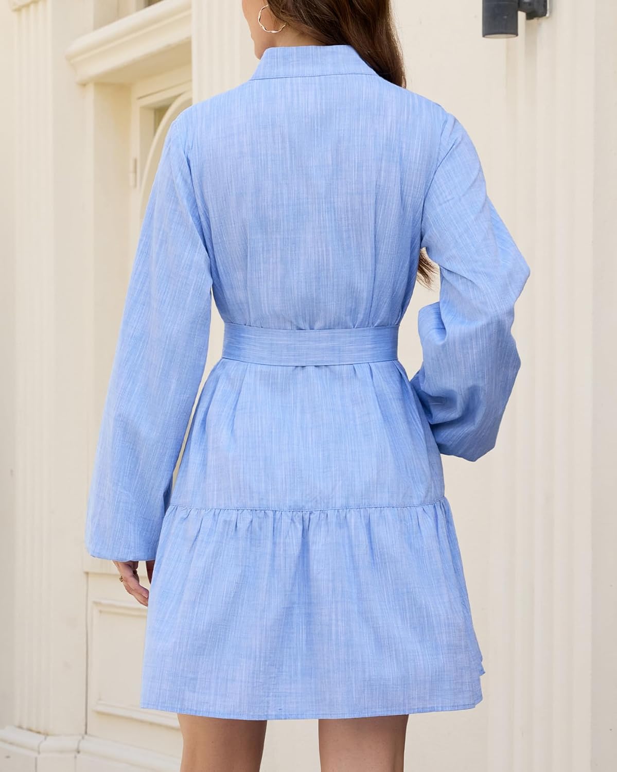 Women's Long Puff Sleeve Cotton Linen Dress Button Up Belted Ruffle Hem Tiered Mini Dress - Image 5