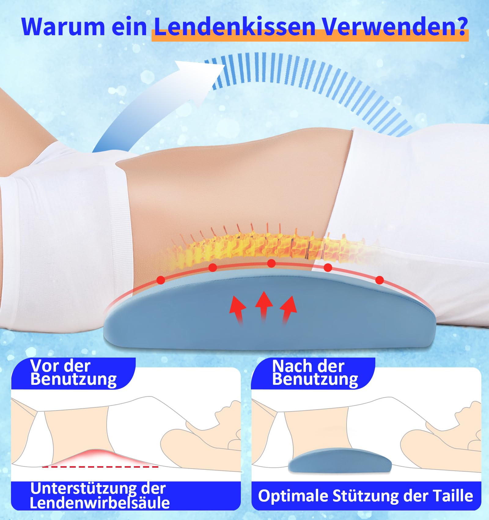 Cuscino lombare ortopedico ergonomico per schiena e lordosi in memory foam per letto e divano - sollievo nella parte bassa della schiena - fodera rinfrescante e rimovibile